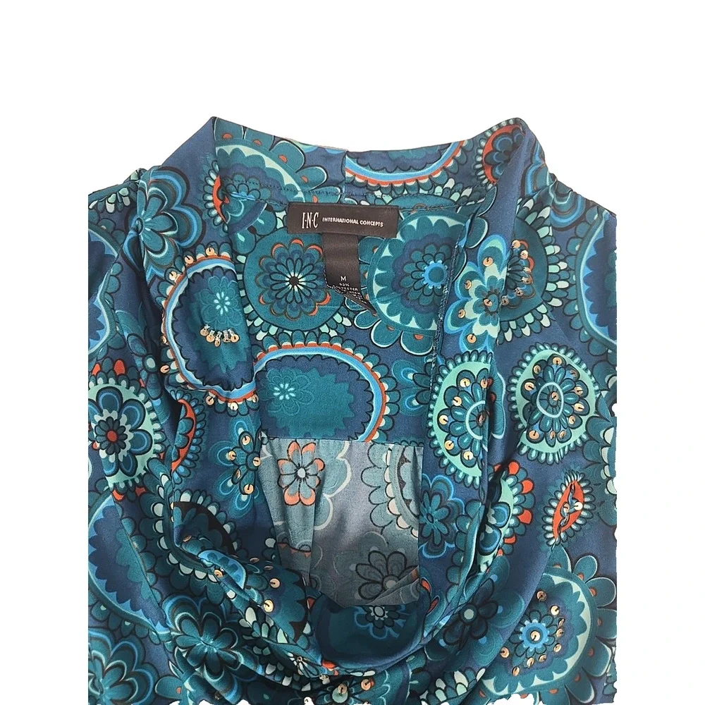International Consept Womens Blouse Blues Cowl Neck Sleeveless Sequined Size M